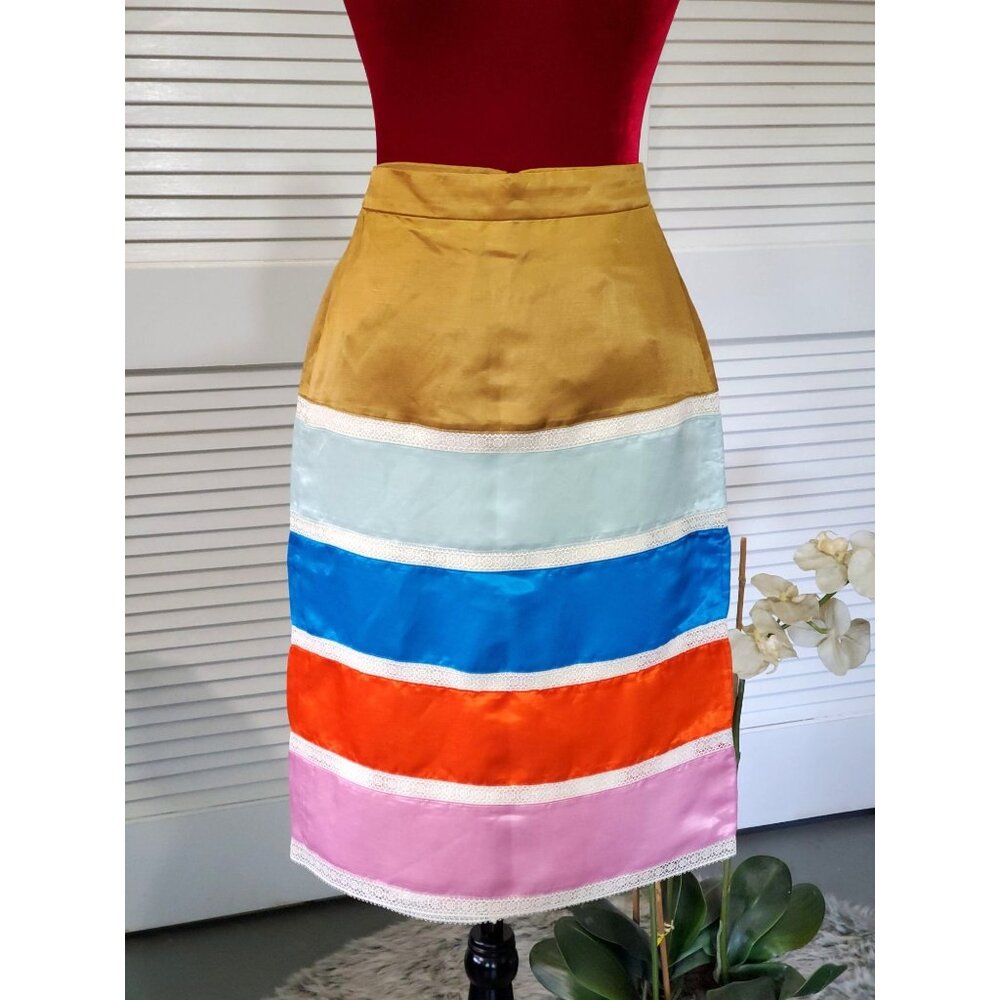 NWT J.Crew Crochet Ribbon Satin Pencil Lined Skirt In Colorblock Size 4 816